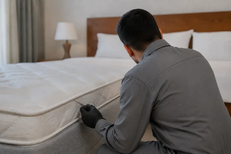 Inspección profesional de colchón en busca de chinches de cama en Huelva